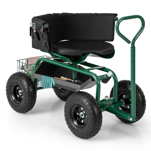 COSTWAY Rolling Garden Cart with Adjustable Stool and Tool Tray