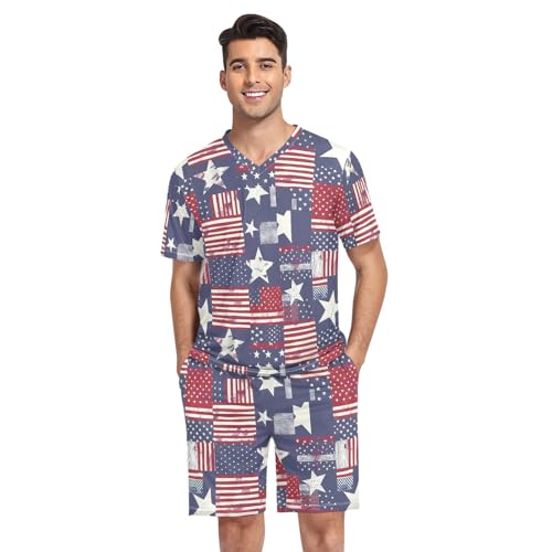 Pyjama court homme col en V ensemble de nuit coton motif drapeau américain