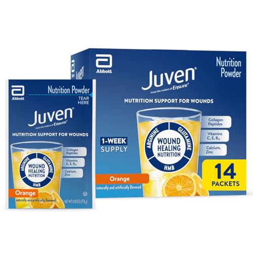 Juven Therapeutic Nutrition Drink Powder Including Collagen Peptides, Amino Acids, and HMB for Wound Healing Support, Orange, 14 Packets