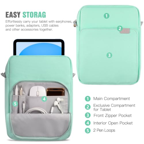 Image of TiMOVO 9-11 inch Tablet Sleeve Bag Carrying Case with Strap, Mint Green | Fits iPad A16 11 inch, Pad Air 11 /5th & 4th 10.9 inch, 10th Gen /10.2 inch, Galaxy Tab A11 Plus, Multi-Pocket, Handle, Padded Protection