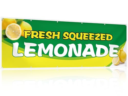 HunnmingRe 2 x 6 ft Lemonade Sign Vinyl Banner Fresh Squeezed Lemonade Stand Supplies Lemon Flag for Indoor Outdoor Business Restaurant Advertising Banner