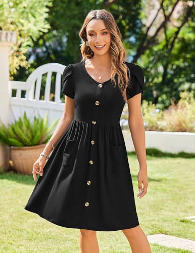 Zeagoo Sommerkleid Damen Elegant V-Ausschnitt Kleider Casual Kurzarm Kleid A-Linie Swing Strandkleid mit Taschen S-XXL – Bild 4