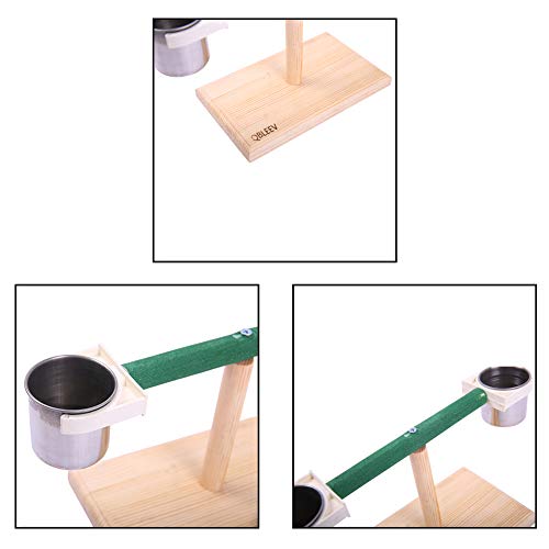Image of QBLEEV Bird Play T-Stands Tabletop Perch, Wooden Parrot Playstand with Cups | Portable training playground, sturdy cage stand toys for small cockatiels, conures, parakeets, finch, easy assembly
