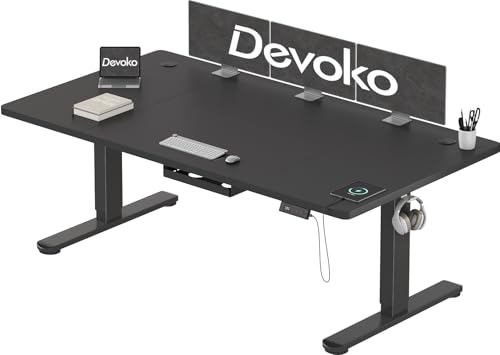 Devoko Elektryczne Biurko Stacjonarne Z Gniazdem Ładowania Typu C, 180 x 80 cm, Podnoszone Biurko, Regulowana Wysokość Z 3 Wysokościami, Organizer Kabli, Do Użytku Biurowego