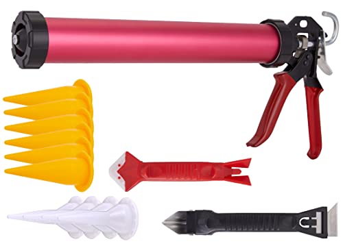 Right Hand - Sausage Caulking Gun Manual 20 oz Leakproof Cylinder Dispenser for Glue Adhesive & Sealant with 10 Cone Nozzles, Trowel & Scraping Tools Easy 360° Rotation, Soft Grip Handle & Ladder Hook