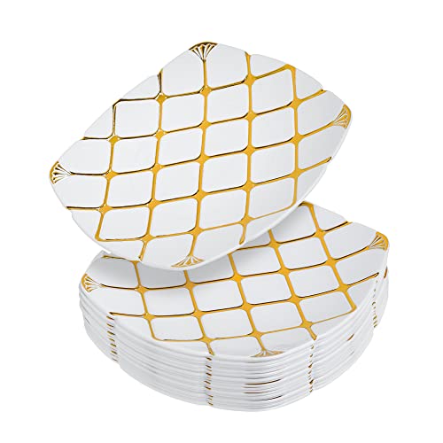 STACKABLES Lot de 20 assiettes carrées, polyvalentes, en plastique dur, réutilisables, blanches avec motifs dorés, diamètre 18 cm