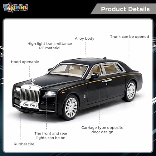 Image of Toyshine 1:35 Scale Rolls Royce Phantom Die Cast Car Model | Luxury Alloy Pull Back Toy Car with Lights & Sound | Openable Doors | Collectible Model Toy for Kids & Collectors, Black