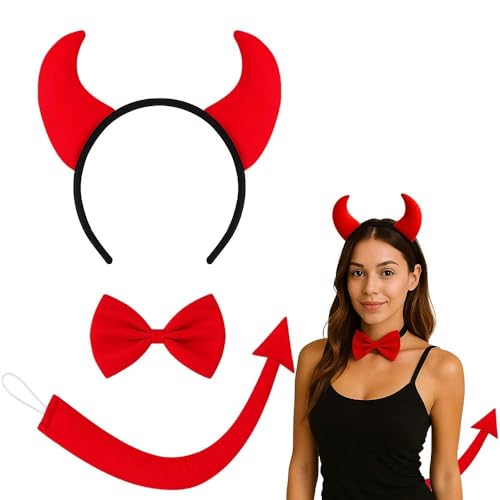 Devil Costume Accessories Set 3Pcs Red Devil Horns Headband Bow Tie and Tail for Kids Girls Boys Halloween Dress Up Cosplay Party Supplies