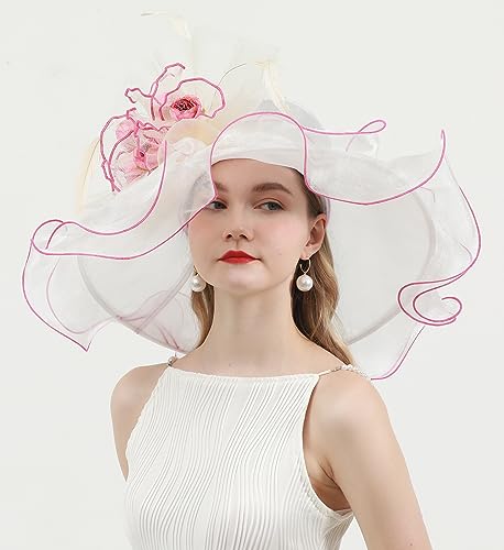 Sombrero de mujer con flor organza festivo y ala ancha miniatura 2
