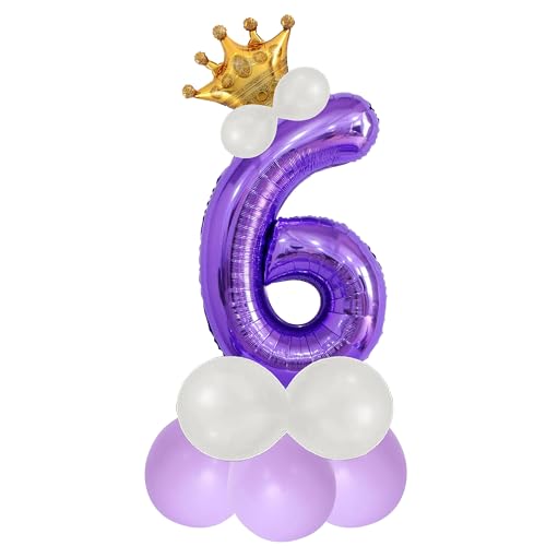 Image of Purple 6 Number Foil Balloon with Crown & Base Balloons | 32 Inch Helium Supported for Birthday, Anniversary, Baby Shower Decoration - Pack of 14