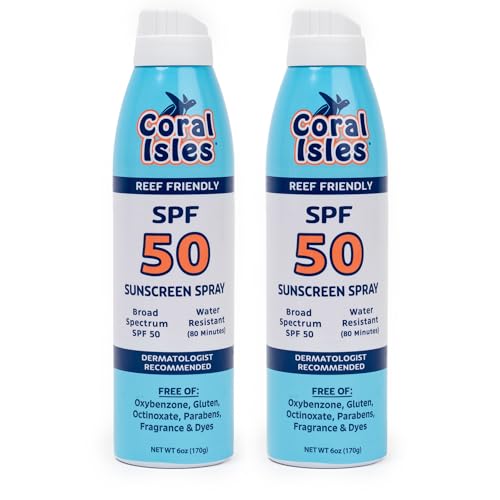 Coral Isles SPF 50 Sunscreen Spray - Hawaii Compliant - Oxybenzone & Octinoxate Free - Broad Spectrum - Water Resistant, 6 Fl Oz (Pack of 2)