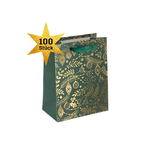 Sigel GT119/100 mittelgroße Premium Geschenktüten aus Papier, 100er Set/5 großpackung, 18 x 23 cm, grün, gold, Papier-Geschenktaschen Weihnachten