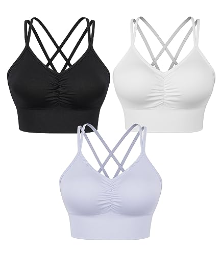 3 Pack Sports Bras for Women Shirred Front Comfort Seamless Longline Bralette Cross Back Cute...