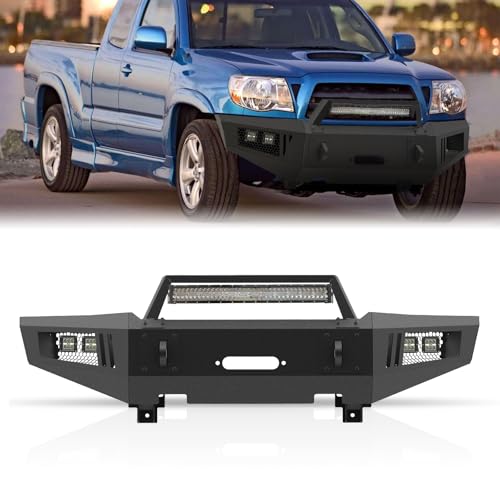 Peforway Off Road Front Bumper fit for Toyota Tacoma 2nd gen 2005-2015 Off-road bumpers with Winch Plate Heavy-duty Carbon Steel Rock Crawler with 2x D-ring Shackles w/5 LED Lights