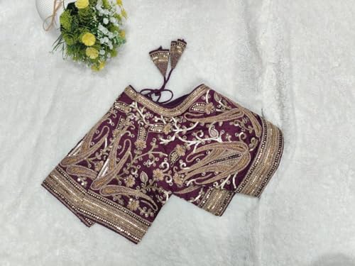 Image of Pujia Mills Women's Readymade Bridal Blouse Embroidery Copper Coding Glitter Sequence Thread Work Indian Ethnic Designer Stitched Half Sleeve Blouse Readymade for Women Saree Bridal Lehenga Choli