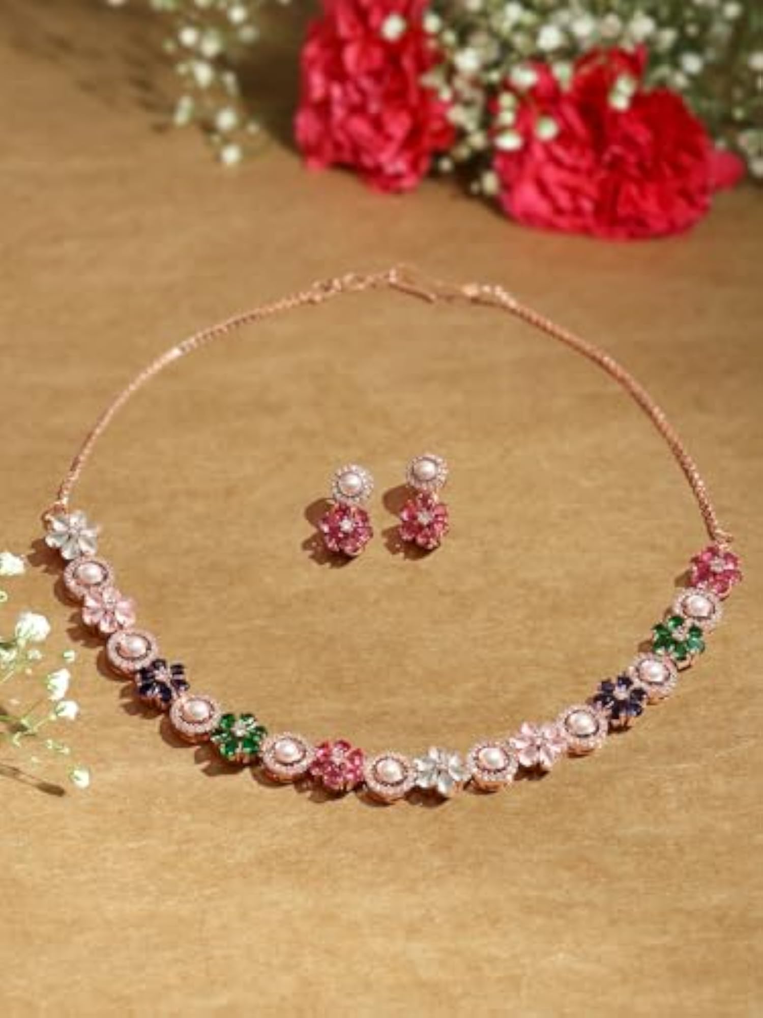 Flowers Dazzling Cubic Zirconia & Brass Necklace & Earring Set