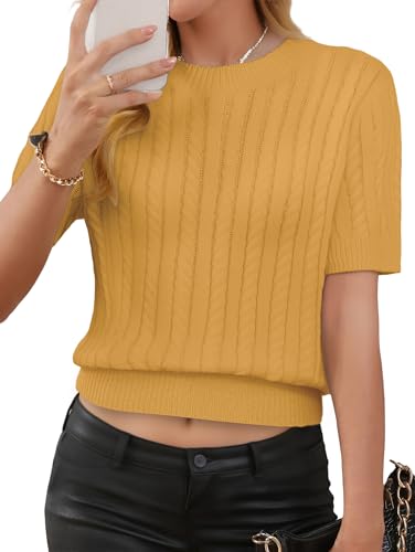 Image of Libsorge Womens Cropped Short Sleeve Sweater Fall 2025 Crewneck Sheer Knit Tops - Lightweight, Thin, Crop, Slim Fit