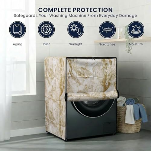 Image of Star Weaves Front Load Fully Automatic Washing Machine Cover for 8 Kg, 8.5 Kg, 9 Kg, 9.5 kg (Gold)| Waterproof & Dustproof Polyester Fabric with Zipper | Protection Cover | 63 x 63 x 93 cms
