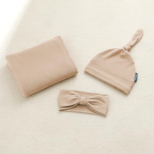 Image of GRSSDER Newborn Swaddle Blanket, Ultra Soft Jersey Receiving Blanket with Matching Headband and Beanie Set 33x44 inch, Stretchy Baby Neutral Swaddle Wrap for Girls and Boys