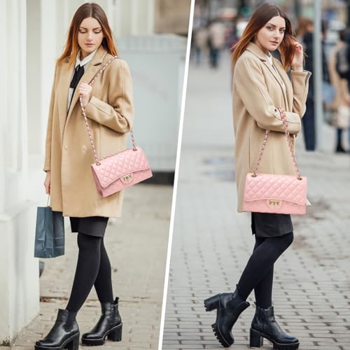 Image of Quilted Leather Crossbody Bags for Women Trendy Ladies Shoulder Purse Satchel HandBag with Chain Strap