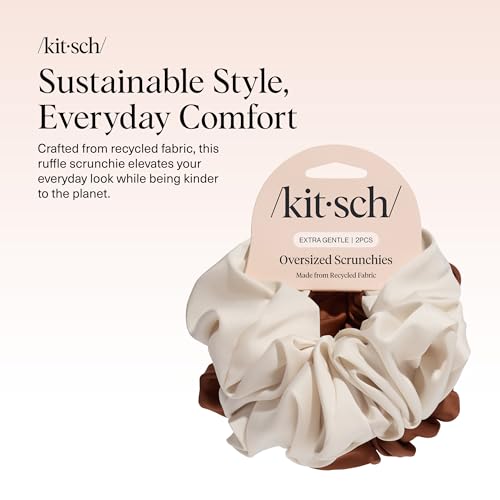 Image of Kitsch Recycled Satin Oversized Scrunchies - Large Hair Scrunchies for Women, Eco-Friendly Hair Ties & Ponytail Holders | Ideal Gifts for Women - Camel & Cream, 2pc Set