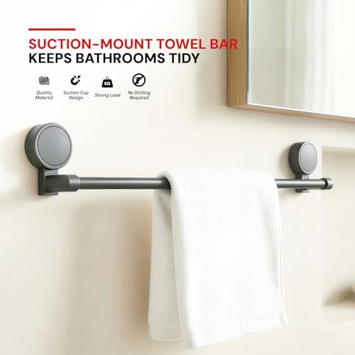 Image of MIORAH Suction Towel Holder for Bathroom - Rust - Free Powder Coated Wall Mounted Towel Rack No Drill Towel Rack Modern Bathroom Accessories Organizer Grey