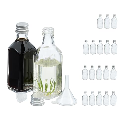Relaxdays Pack Botellitas de Cristal, 20 Mini Botellas para Rellenar, 50 ml, Tapa Rosca y Tapón, Transparente/Plateado