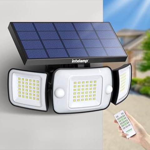 intelamp Solar Security Lights Motion Sensor LED SolarLights Outdoor 6000mAh 1200ML Solar Powered FloodLights Outside lP65 Waterproof,270° Wide lllumination,3Lighting Modes with Remote Control Cover