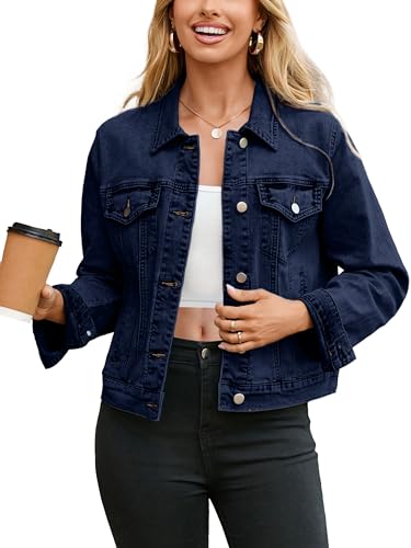 Image of Glamaker Womens Jean Jacket 2026 Basic Trendy Long Sleeve Denim Jackets Button Down Fitted Western Coat with Pockets
