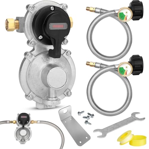 Aekops RV Propane Regulator 2 Tank Hoses for RV Trailer 2 Stage Camper Propane Regulator Dual Kit with 2pcs 18 RV Propane Hose Dual Propane Tank Connection Kit for RVs Vans Camper 210 000 BTU