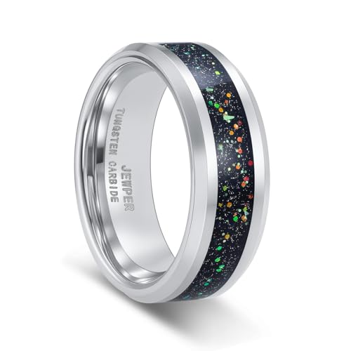 JEWPER Tungsten Rings for Men 8mm Black/Silver/Gold Fashion Promise Wedding Band Hammered Groove Meteorite Orbo Carbide Beveled Polished Edge Comfort Fit(9)