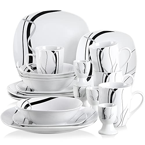 VEWEET 'Fiona' 20-Piece Dinner Set, Black Lines Porcelain Dinnerware Set, Ivory White Combination Sets with 4 * Egg Cup, 4 * Mug, 4 * Bowl, 4 * Dessert Plate, 4 * Dinner Plate, Service for 6