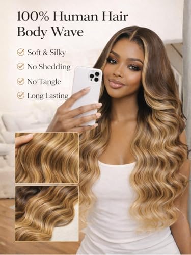 Image of Beauty Forever 13x4 Lace Frontal Body Wave Wig Human Hair - Honey Blonde Balayage with Chestnut Brown Roots, Pre-Plucked&Pre-Bleached Knots, Glueless Drawstring Wig for Beginners, Ready to Wear 18inch