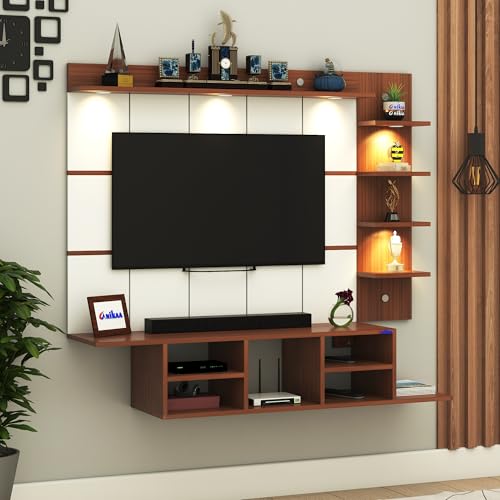 Image of Anikaa Charley Engineered Wood Wall Mount Striped PVC Back Panel TV Unit with Spot LED Lights | TV Cabinet with Open Storage Box (Walnut) | Ideal for UP to 43 Inch TVs - DIY Installation