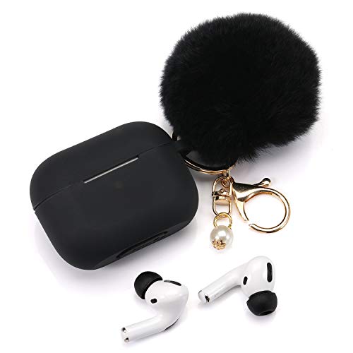 Protective Case Cover For Airpods Pro Charging Case With Ear Tips 1 Pair Kit, Air Pods Silicone Case With Soft Cute Ball Pom Pom Keychain Kit Together With Ear Buds Tips 2&1 (X, Black) #TOP2