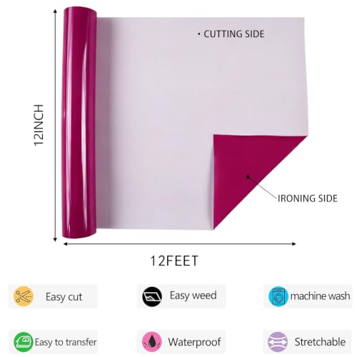 Image of Neon Purple HTV Iron on Vinyl 12Inch by 12ft Roll HTV Heat Transfer Vinyl for T-Shirt HTV Vinyl Rolls for All Cutter Machine - Easy to Cut & Weed for Heat Vinyl Design (Neon Purple, 12ft)