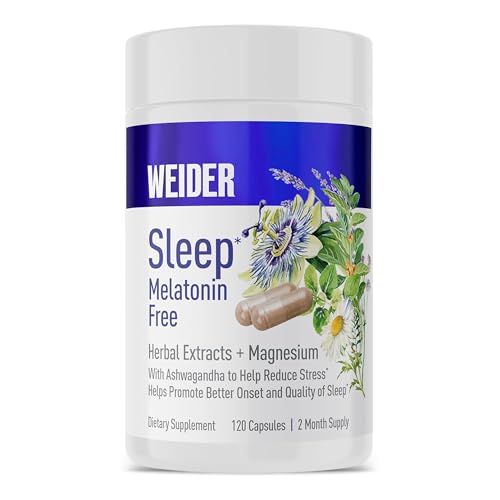 Weider Melatonin Free Sleep Aid Supplement with KSM-66 Ashwagandha, Magnesium, Lavender, Lemon Balm, Chamomile, Valerian and Passionflower Extracts, Hormone & Drug- Free, Non-Habit Forming, 120ct