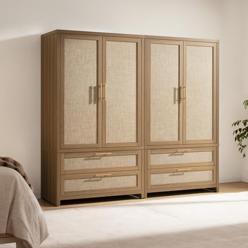 Image of SICOTAS Larger Armoire Wardrobe Closet, 71 inch Tall Rattan Freestanding Wardrobe Cabinet with Storage and 2 Drawers, Boho Clothes Organizer with Hanging Rod for Bedroom, Oak (2 Pieces)