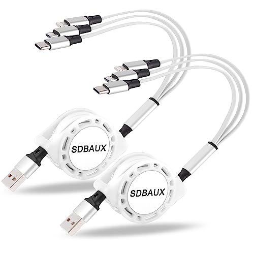 SDBAUX 2Pack Multi USB Charger Cable Retractable 3 in 1 Multiple Charging Cord Adapter with Mini Type C Micro USB Port Connectors Compatible with Cell Phones Tablets Universal Use (3.3ft/White)