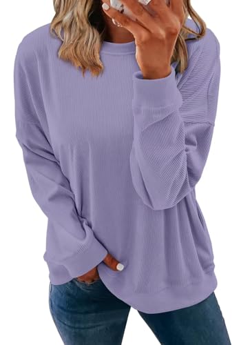 KISSMODA Women's Casual Long Sleeve Sweatshirt Color Block/Solid Crewneck Corduroy Pullover Cute Tops