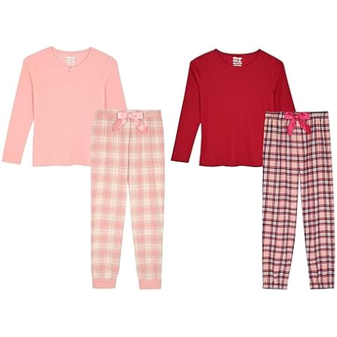 Sleep On It 4-Piece Girls Pajama Sets for Kids Sleepwear Woven Plaid Pajamas for Girls Pink-berry Cover