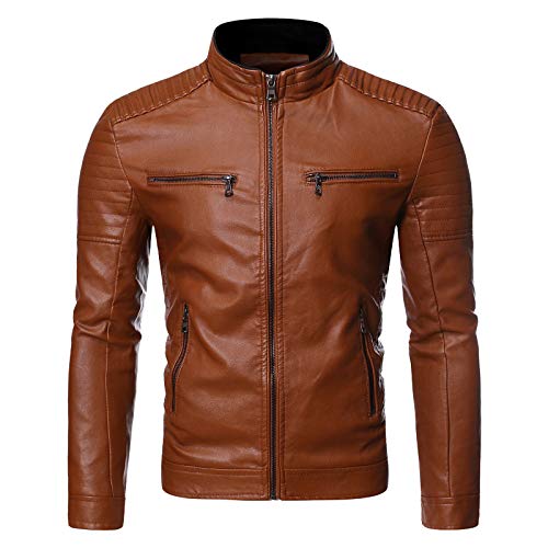 Veste de moto en cuir marron pour homme | Blouson d'hiver chaud