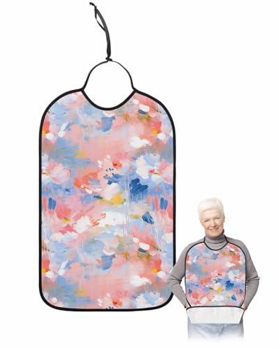 LEOKOTI Pink Blue Adult Bibs for Eating, Waterproof Bibs with Food Catcher & Adjustable Snap Closure, Contemporary Abstract Art Oil Painting Washable Clothing Protectors Adult Bibs for Elderly