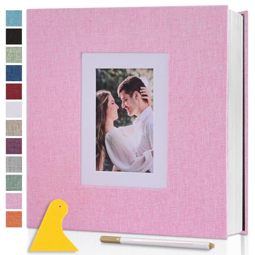 Album Fotos Autoadhesivo 28x27 CM Grande Album de Fotos para Pegar y Escribir de Lino Scrapbook Personalizados Albunes para Fotos Photo Album Bebe Libro Firmas Boda Comunion, 40 Páginas Rosa
