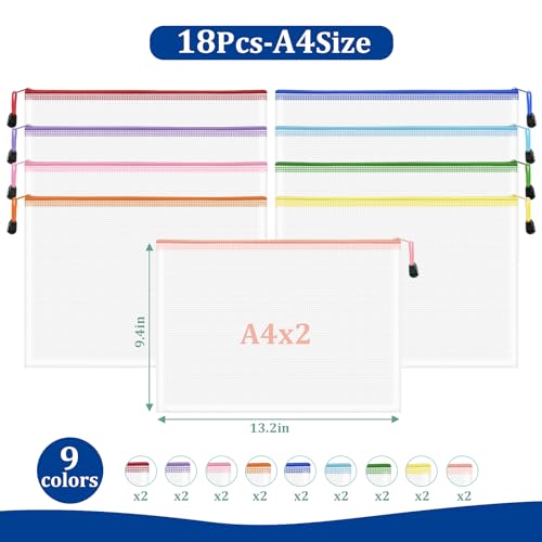 Image of 18pcs Mesh Zipper Pouch Bags, A4 Letter Size, 9 Colors Zipper Pouches for Organizing, File Storage Bags, Travel, School Office Organize
