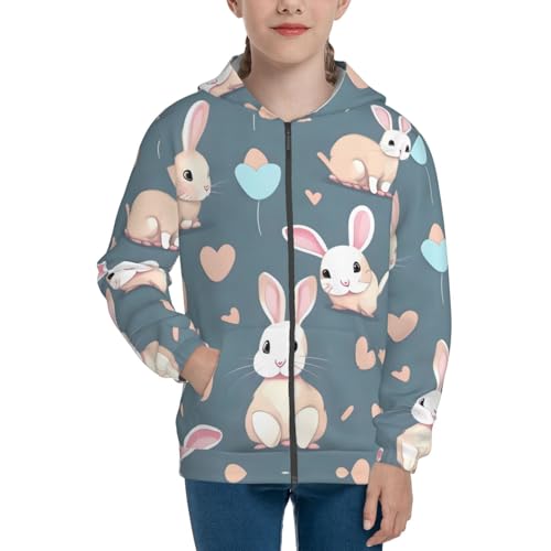 Cartoon cute bunny Print Girls Athletic Zip Up Hoodies,Sweatshirts with Pockets Long Sleeve Hooded Jackets, for 7-18 Y2
