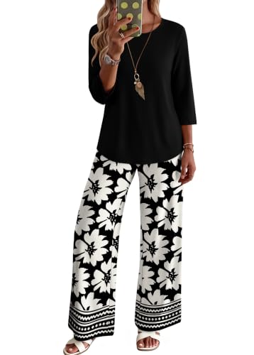 WIHOLL Two Piece Sets for Women Lounge 3/4 Length Sleeve Womens Tops Graphic Pants with Pockets Summer Outfits 2026