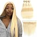 Allrun Hair Straight Human Hair 613 Blonde Hair Bundles With Closure Free Part Grade 7A Brazilian Human Hair Double Weft Bleached Blonde Hair(12 14 16 +10"Lace Frontal)