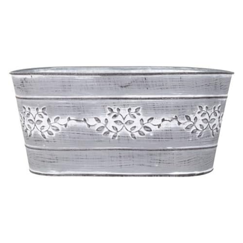 Image of Grey Metal Leafy Vine Trough Planter Tin Pail 26cm, 10inch Indoor Outdoor Garden Flower Plant Pot Weatherproof Decorative Gift (1)
