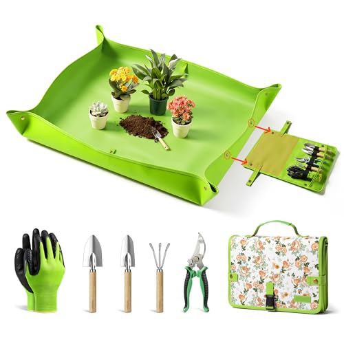 Grenebo 7-Piece Gardening Tools Set Gift for Women Beginners Tools Kit with Plant Repotting Mat & Tool Bag Stainless Steel Gardening Hand Tools for Indoor Transplanting Succulent Bonsai Plants